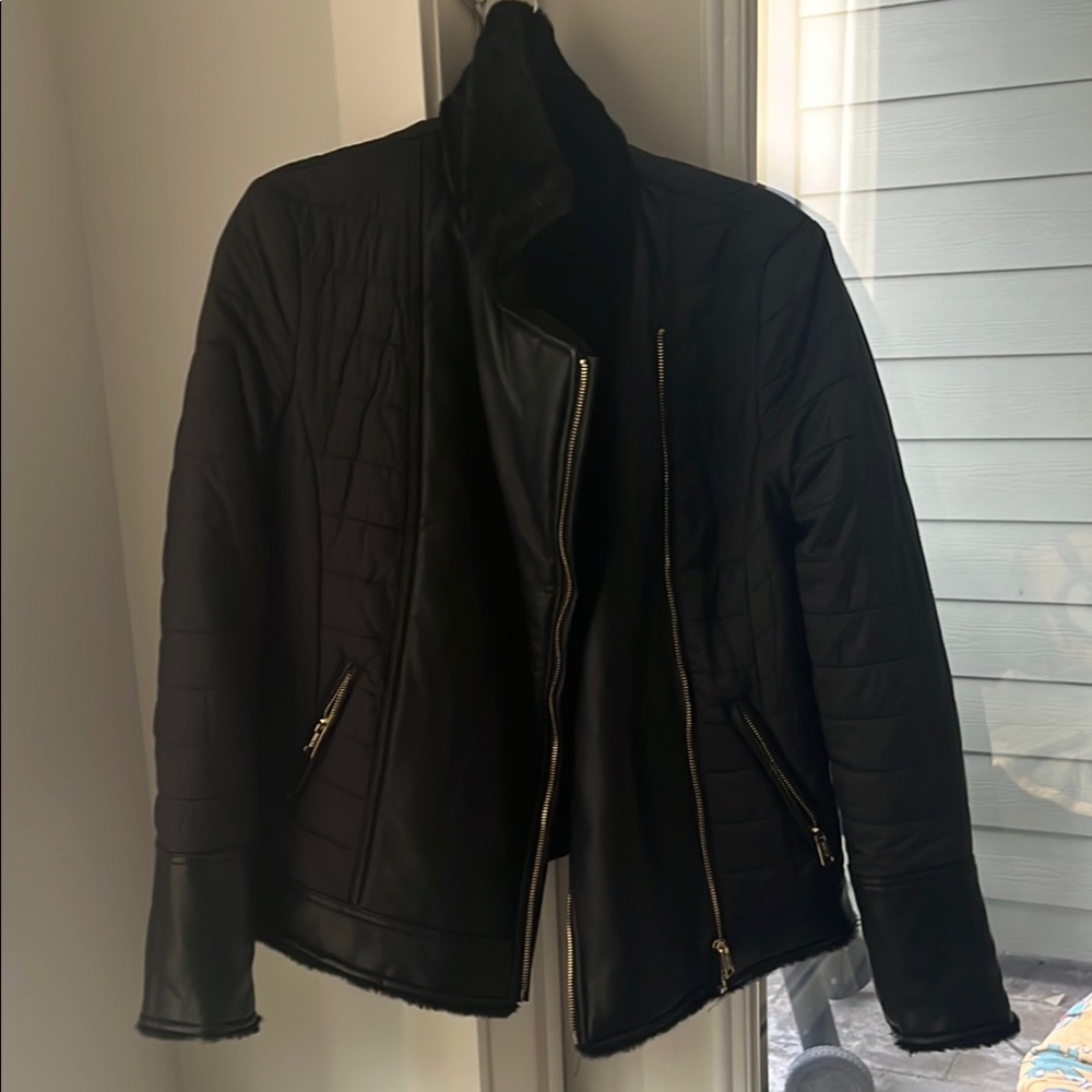 Women's Black Faux Leather Quilted Jacket (Reversible)